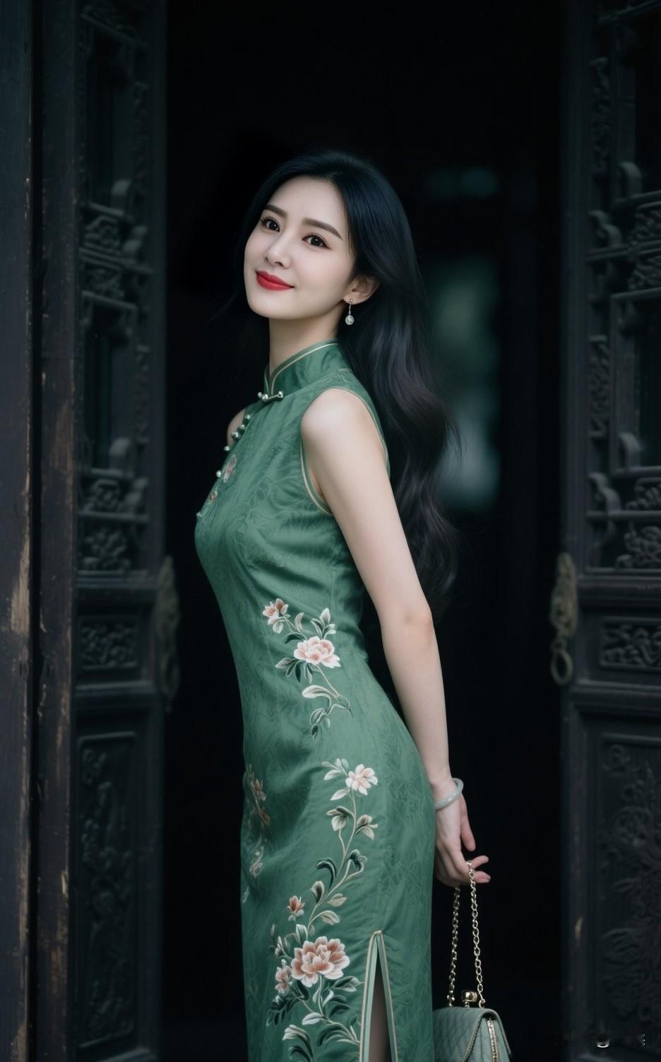 绿衣美人倚古门，花影摇曳入画来穿旗袍搭配什么发型好?看看你的古风旗袍