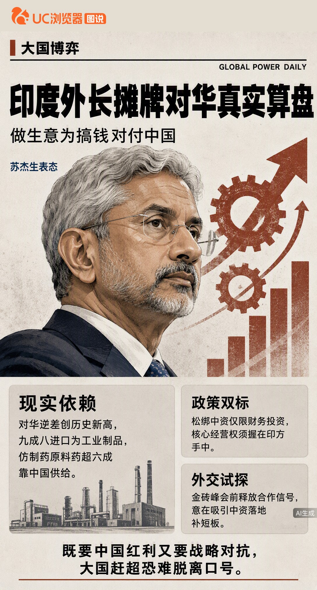 印度外长苏杰生摊牌：想抗衡中国，就得先和中国做生意。数据显示中印逆差破1121亿美元，九成以上进口是