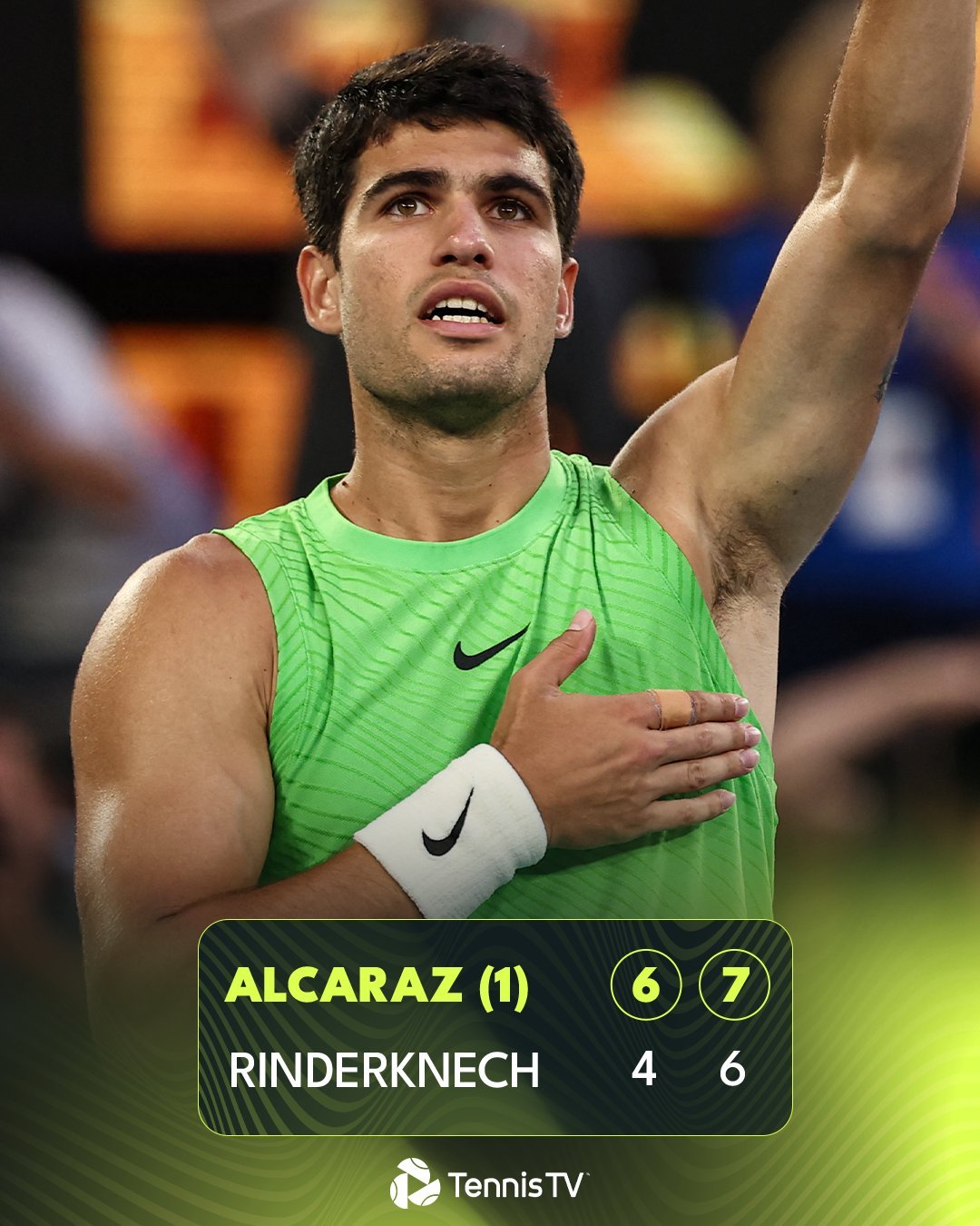 6-4、7-6(6)击败去年上海大师赛亚军林德克内西后，阿尔卡拉斯顺利在多哈50