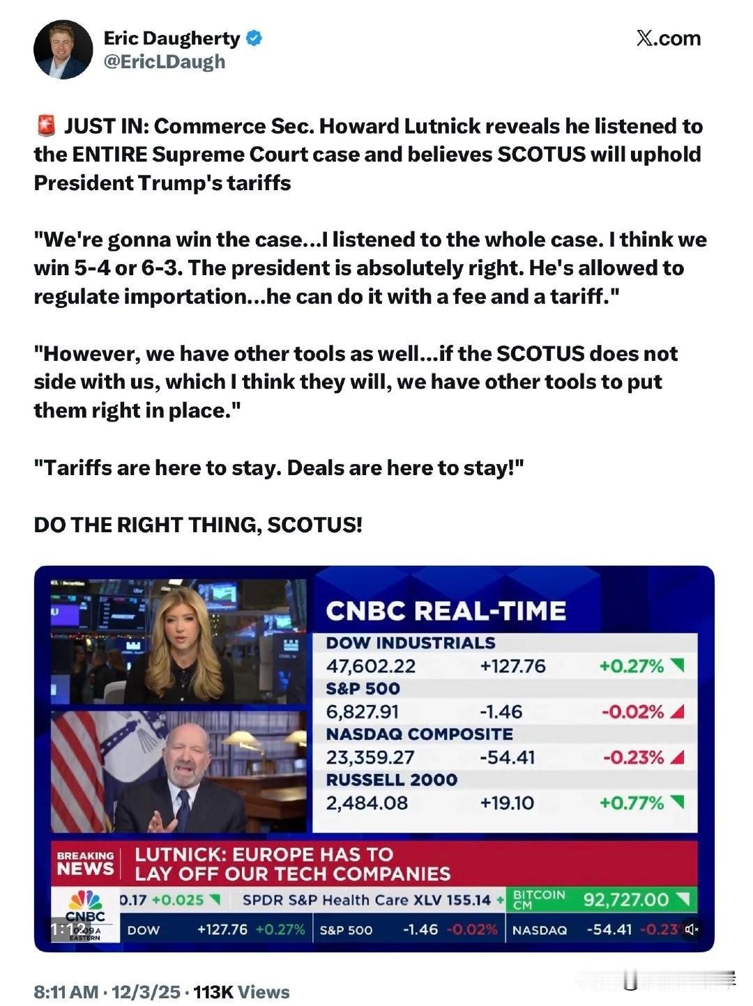 突发：商务部长HowardLutnick透露，他全程旁听了最高法院的庭审，