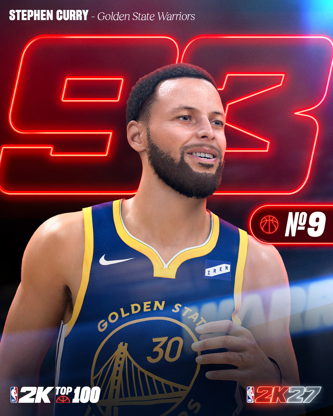 NBA2k公布2k27库里能力值93，位于第九。