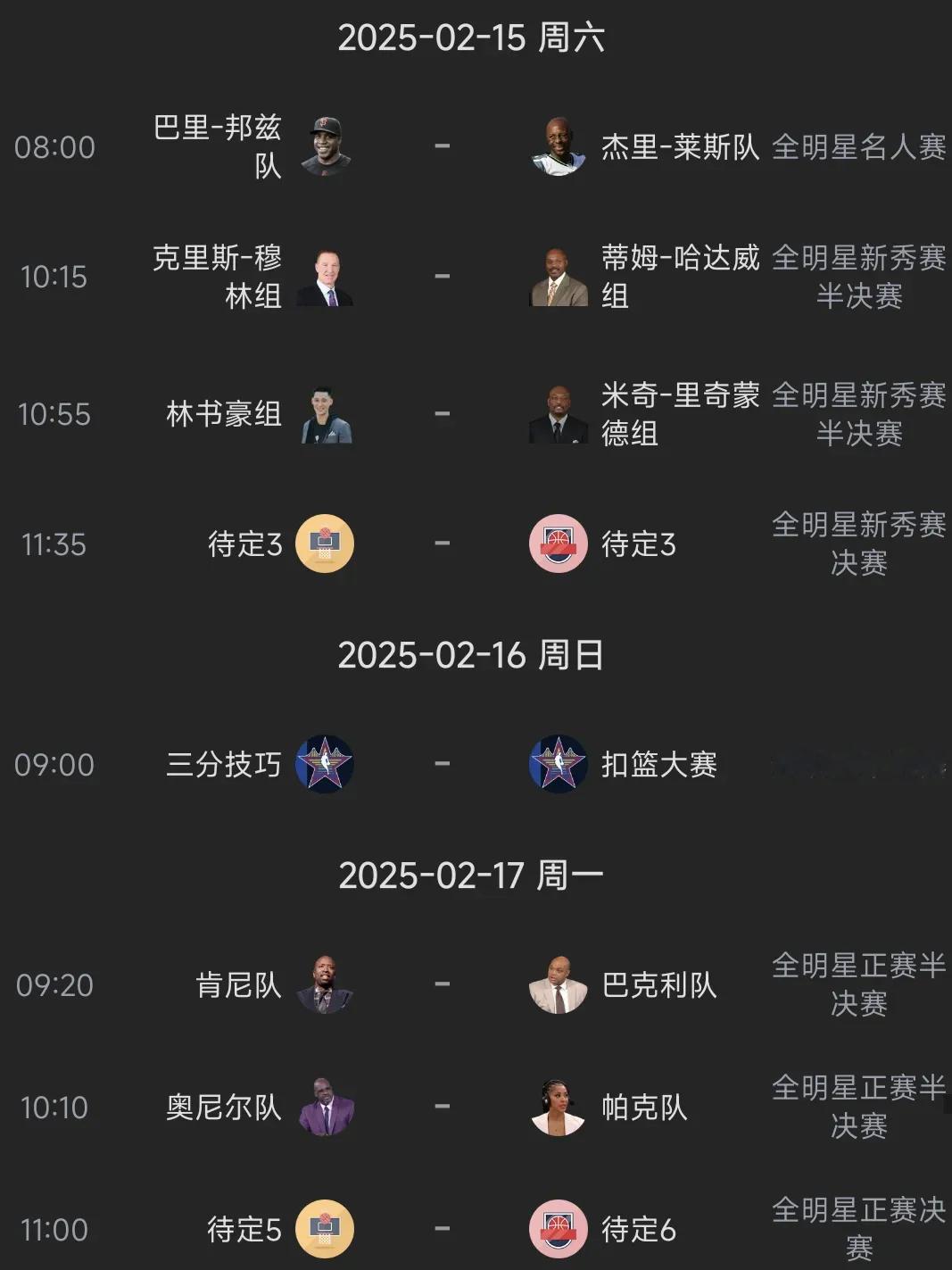 周六到周一(2月15～17）三天是NBA全明星赛。周六上午：1、全明星名人赛，中