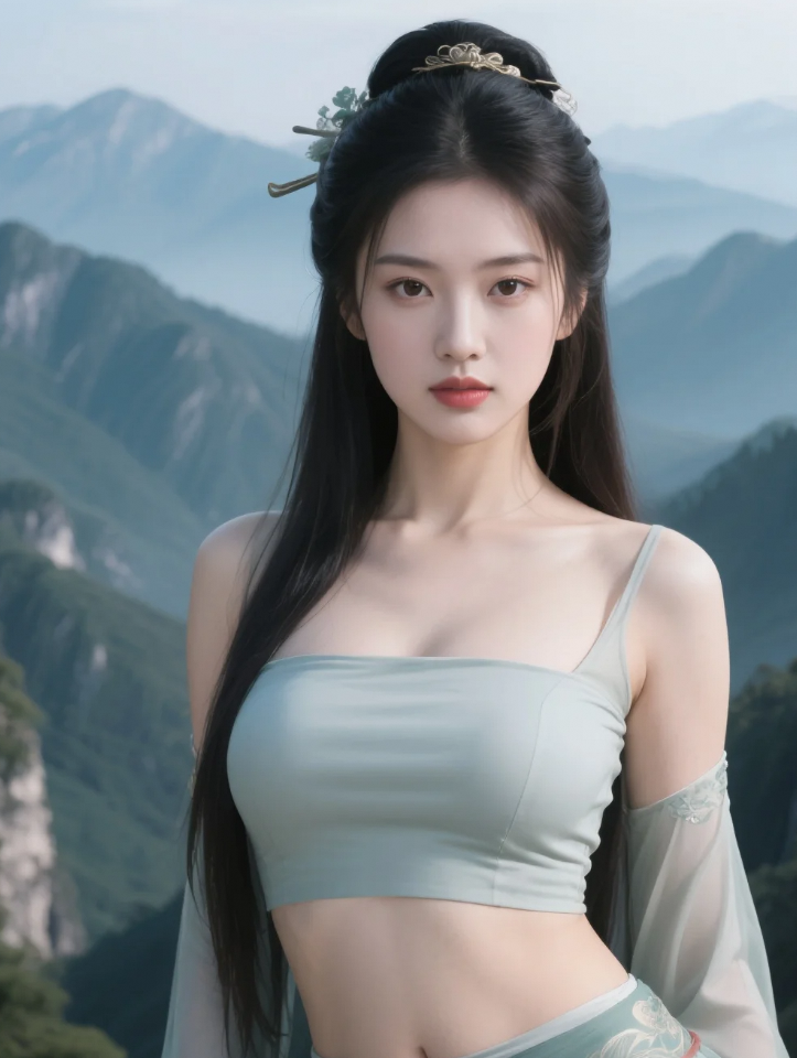 山间的微风拂过，她的裙摆随风飘动