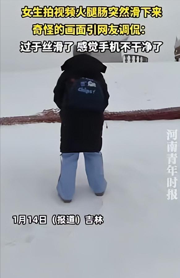 笑不活！吉林，女生跪在雪地拍视频，结果，手里的火腿肠突然掉落，顺着两腿之间，很丝