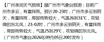【广州夜间天气预报】据广州市气象台预测：目前广州市多云，有雷阵雨。预计20-23时，广州市多云到阴天