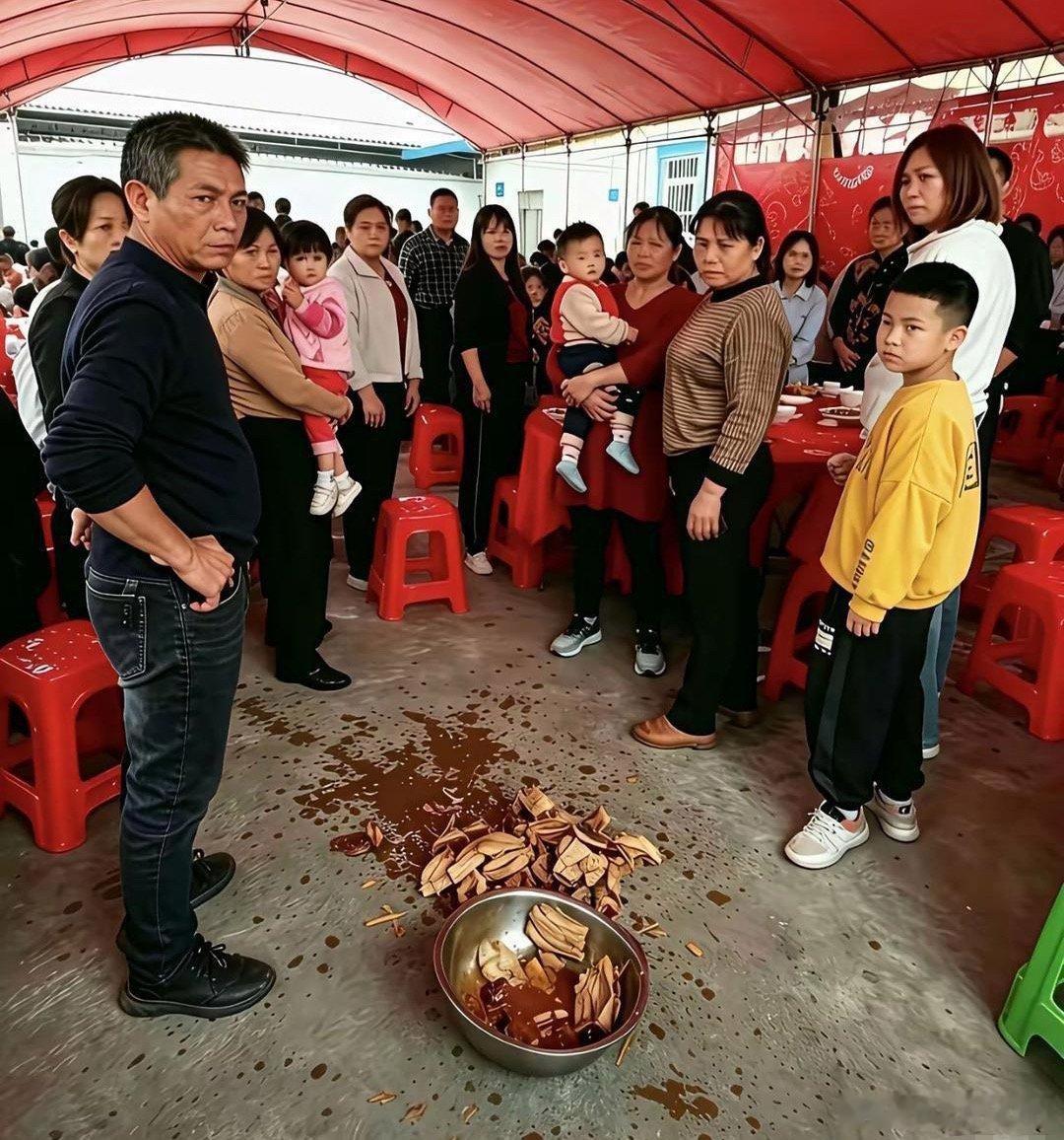 这今天席怕是吃不成了哦，一盆五花肉全部倒地上了