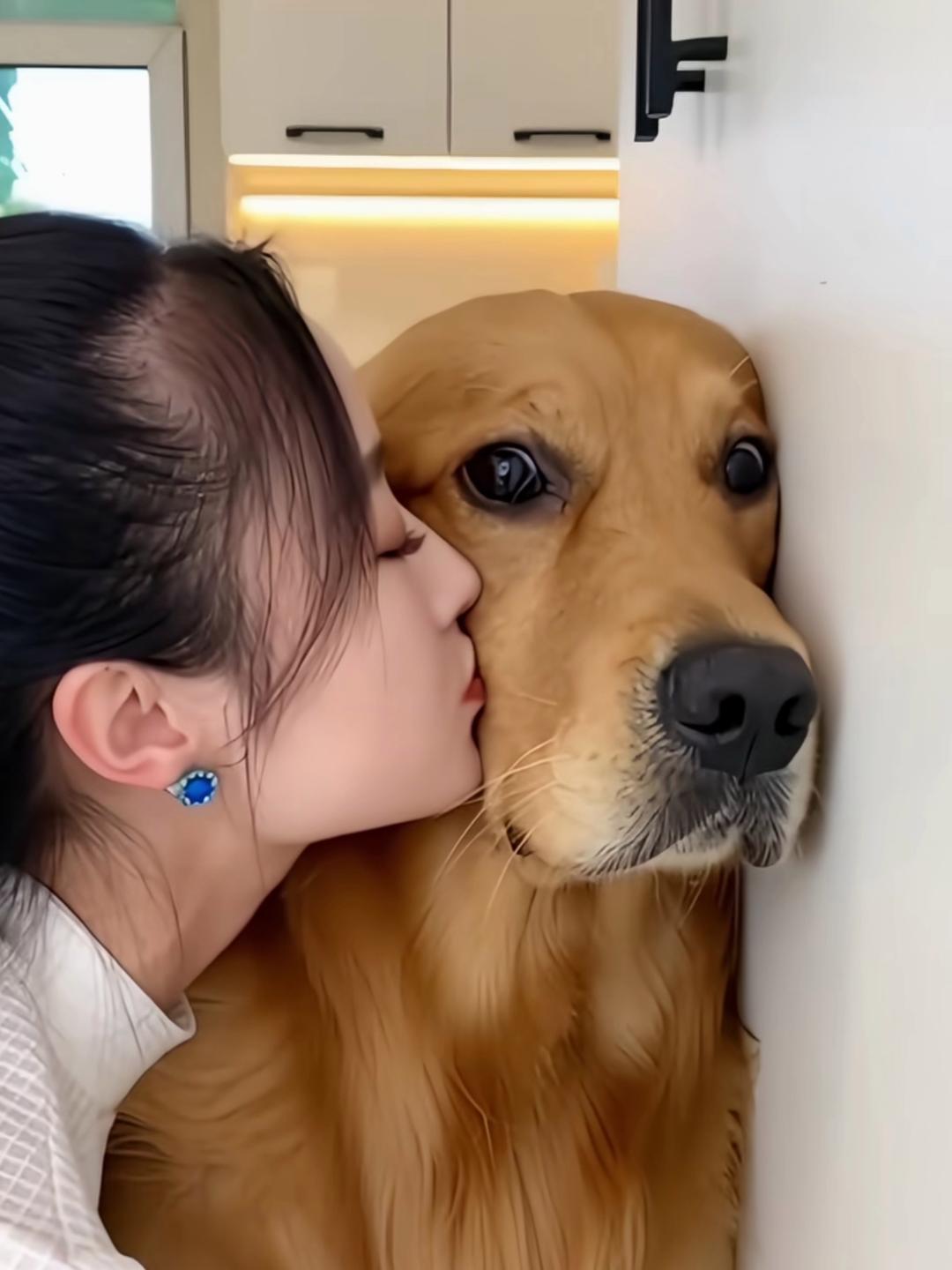 美女凑上去亲狗狗，结果狗狗这个眼神也太有戏了。你觉得它此刻在想什么？