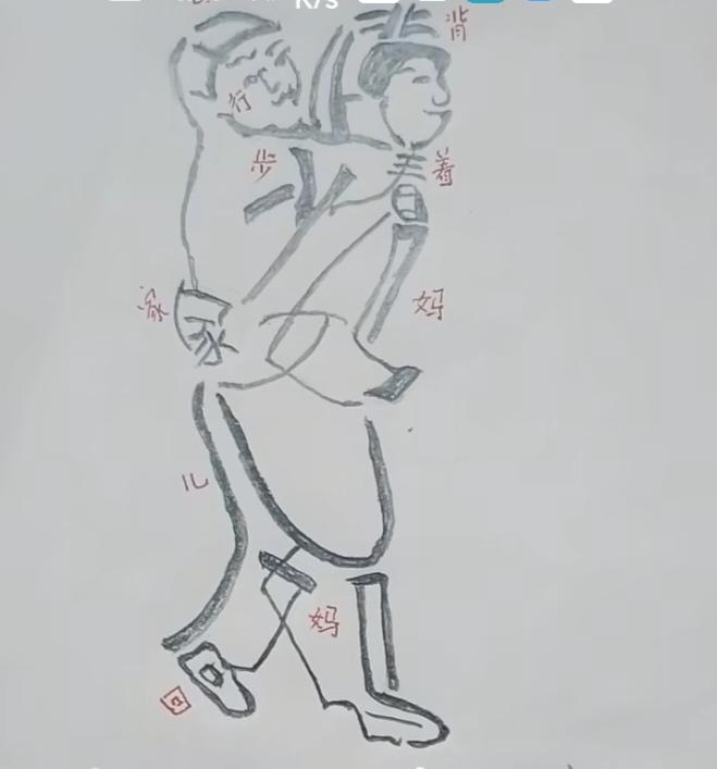 看图猜字。图中画面真给力。一个母亲背着小宝宝。母爱伟大呀！画面隐藏几个字组成一句