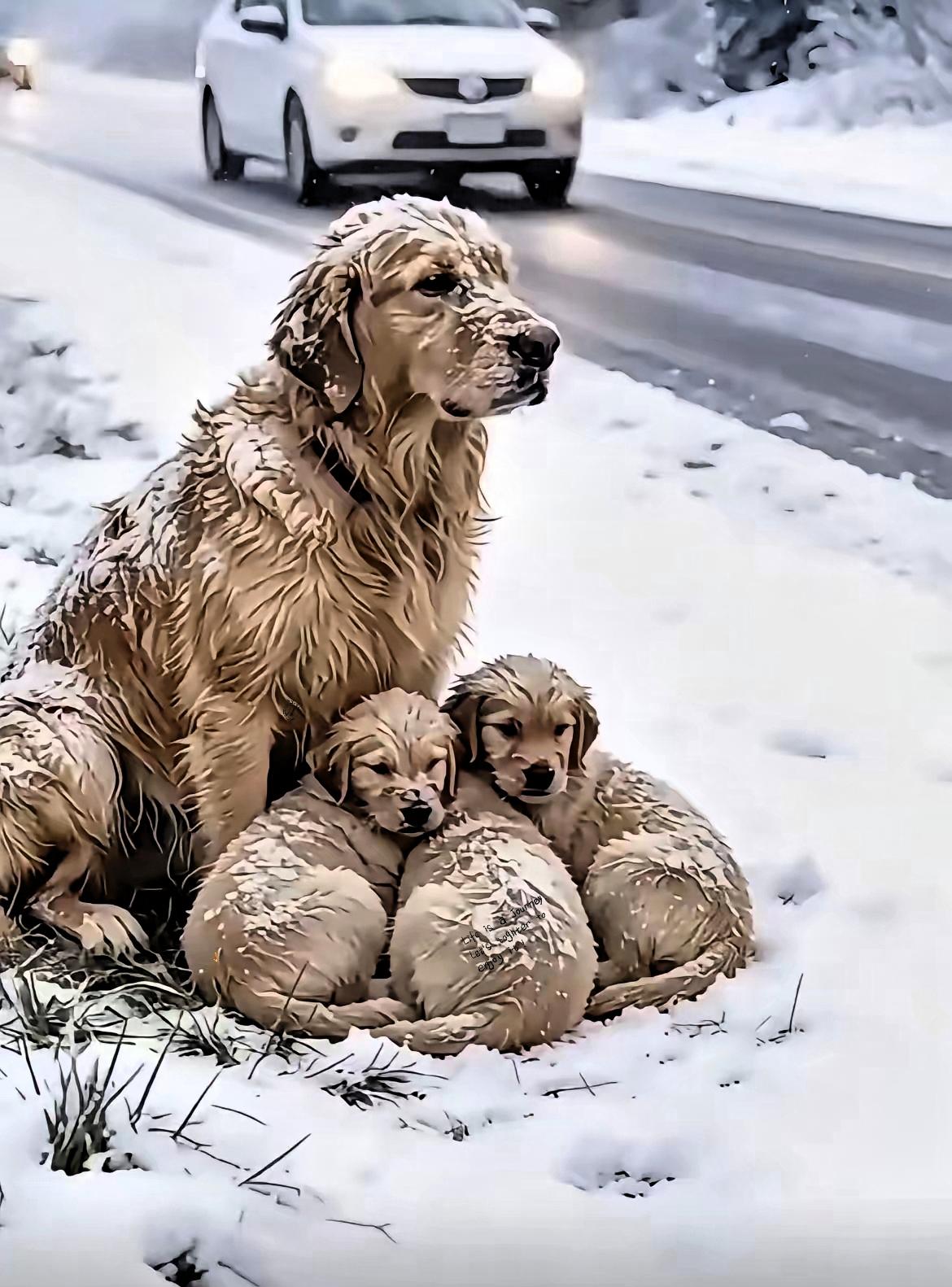 年前回老家，下雪又在路边看到只冷金毛妈妈把三只小狗紧紧护在怀里。它的毛都冻成了冰