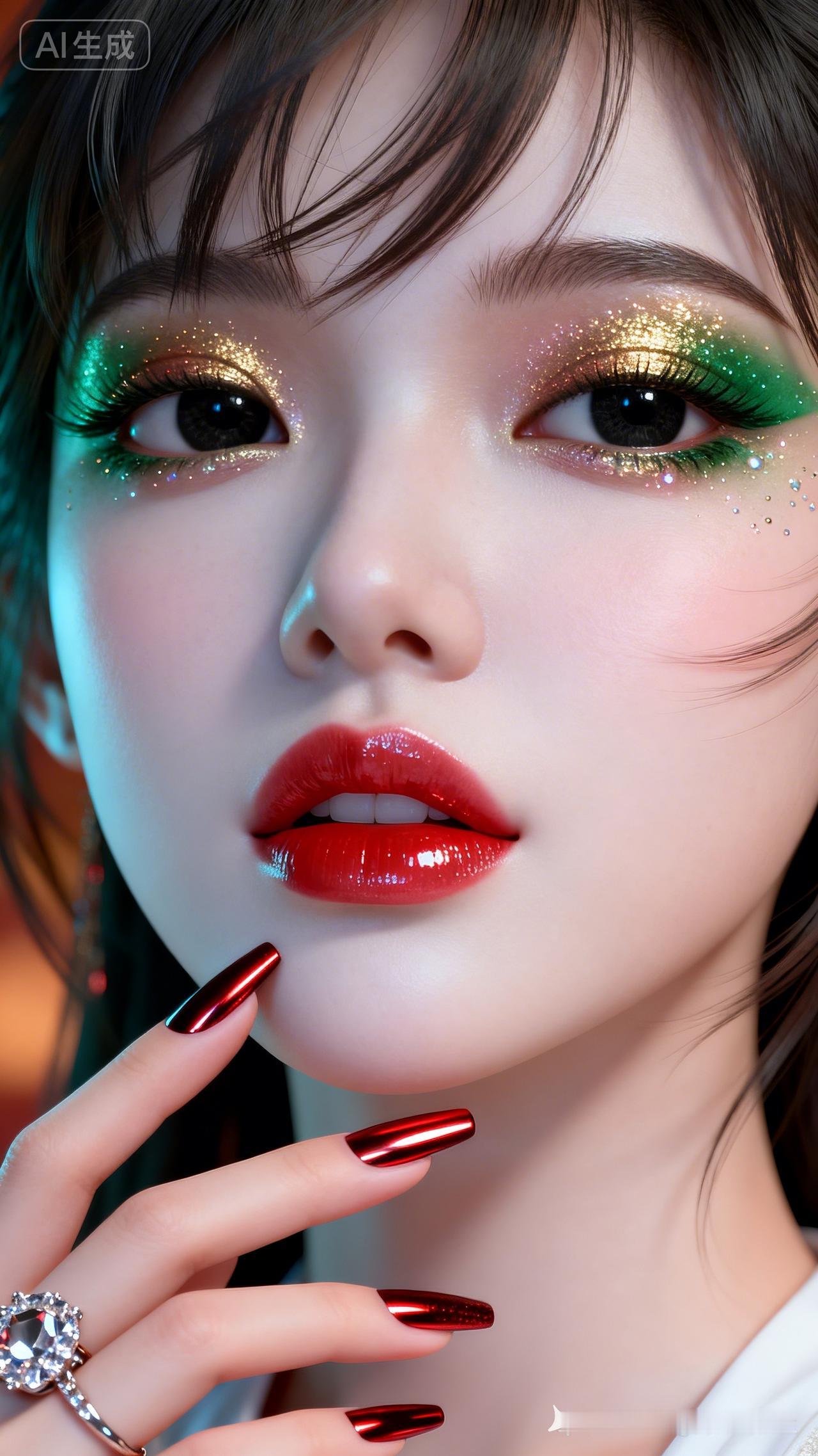 美少女面部特写，纯欲甜美鹅蛋脸，鎏金珠光眼妆配绛红唇釉，冷白皮细腻通透。红墨金属