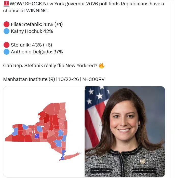 最新纽约州州长2026年选举民调显示，共和党有望获胜！🔴伊莉丝·斯特凡尼