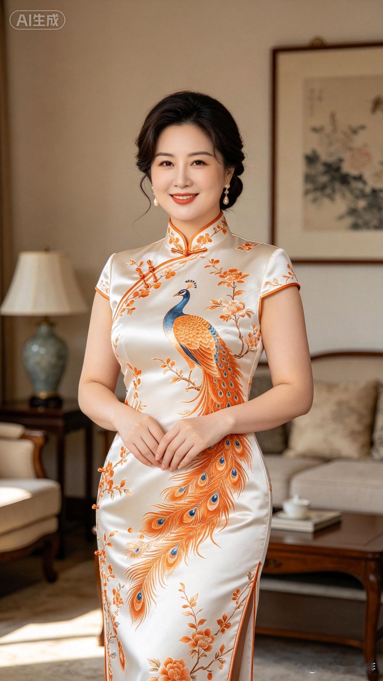 这位女士穿着漂亮的中式旗袍。