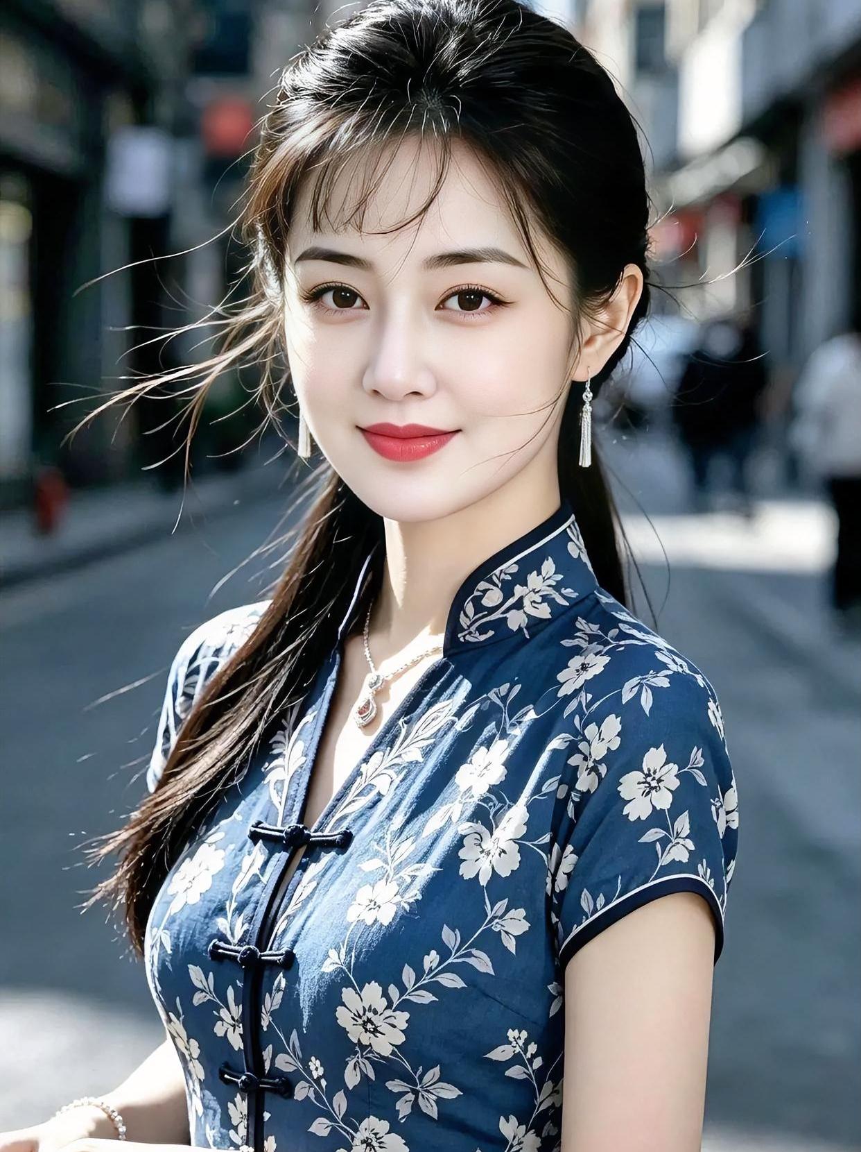 老街风里的蓝韵深蓝旗袍浸着旧巷的光，白花轻缀，盘扣系住时光。长发随风