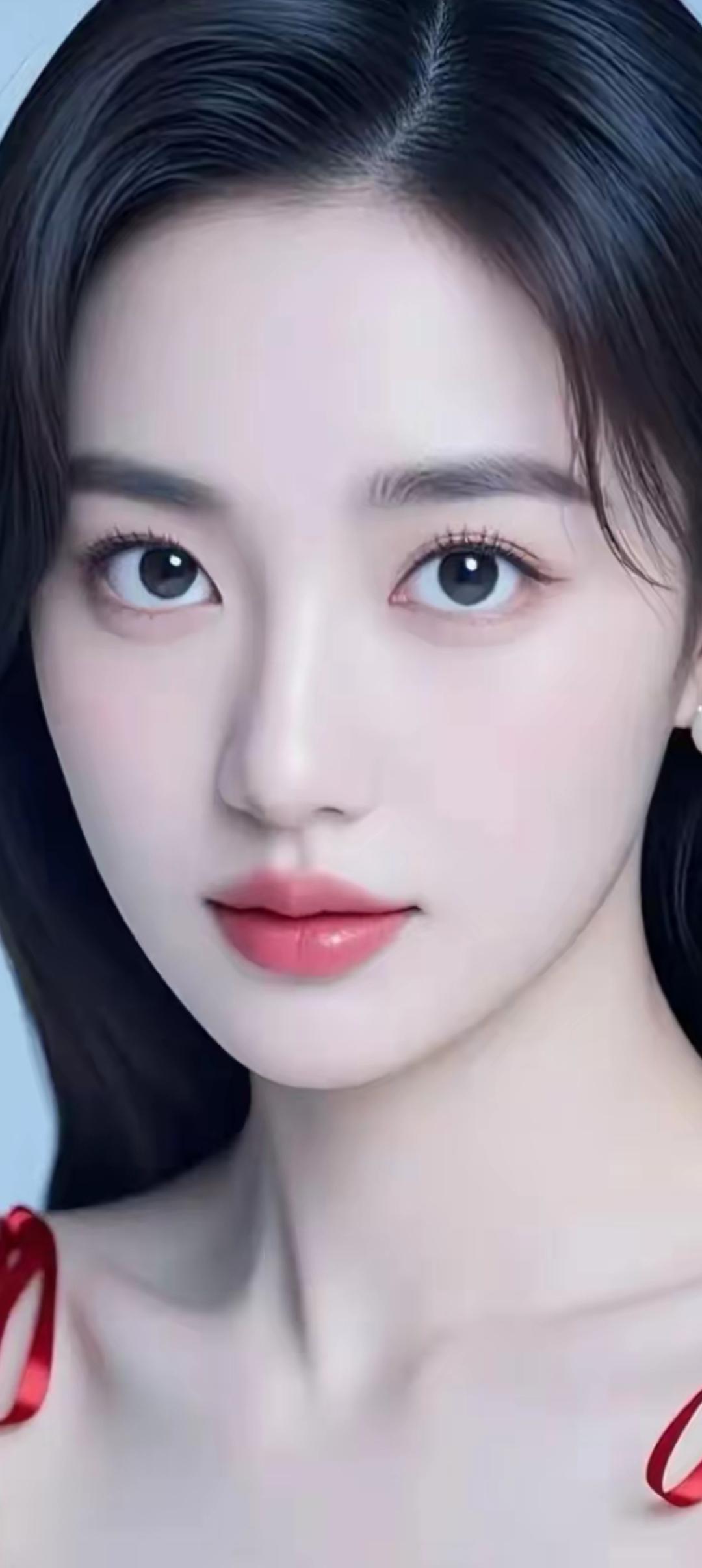 梦幻少女风，红唇与黑发相映成趣，温柔动人。