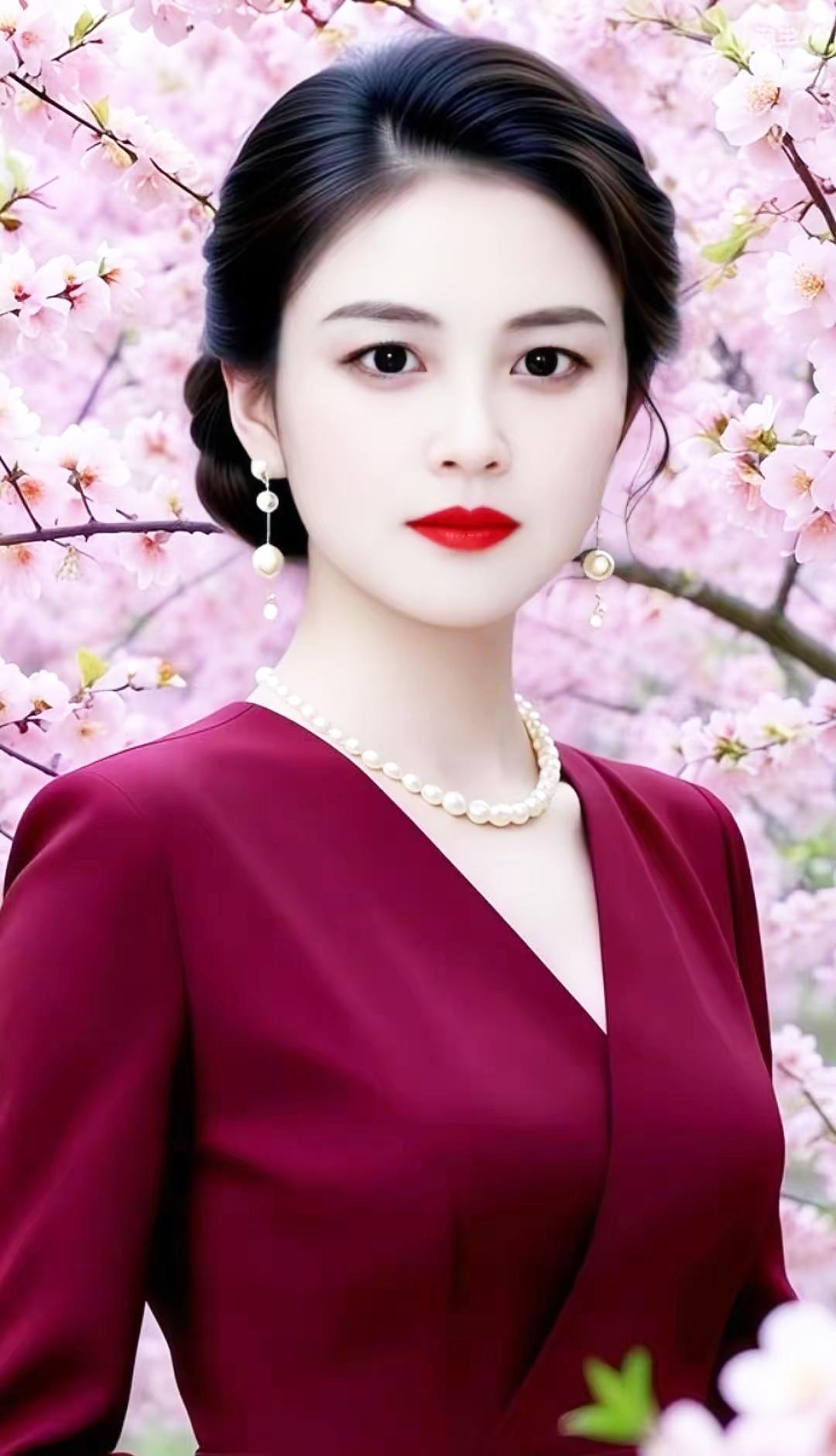 优雅红衣女子，粉花映衬下的古典之美