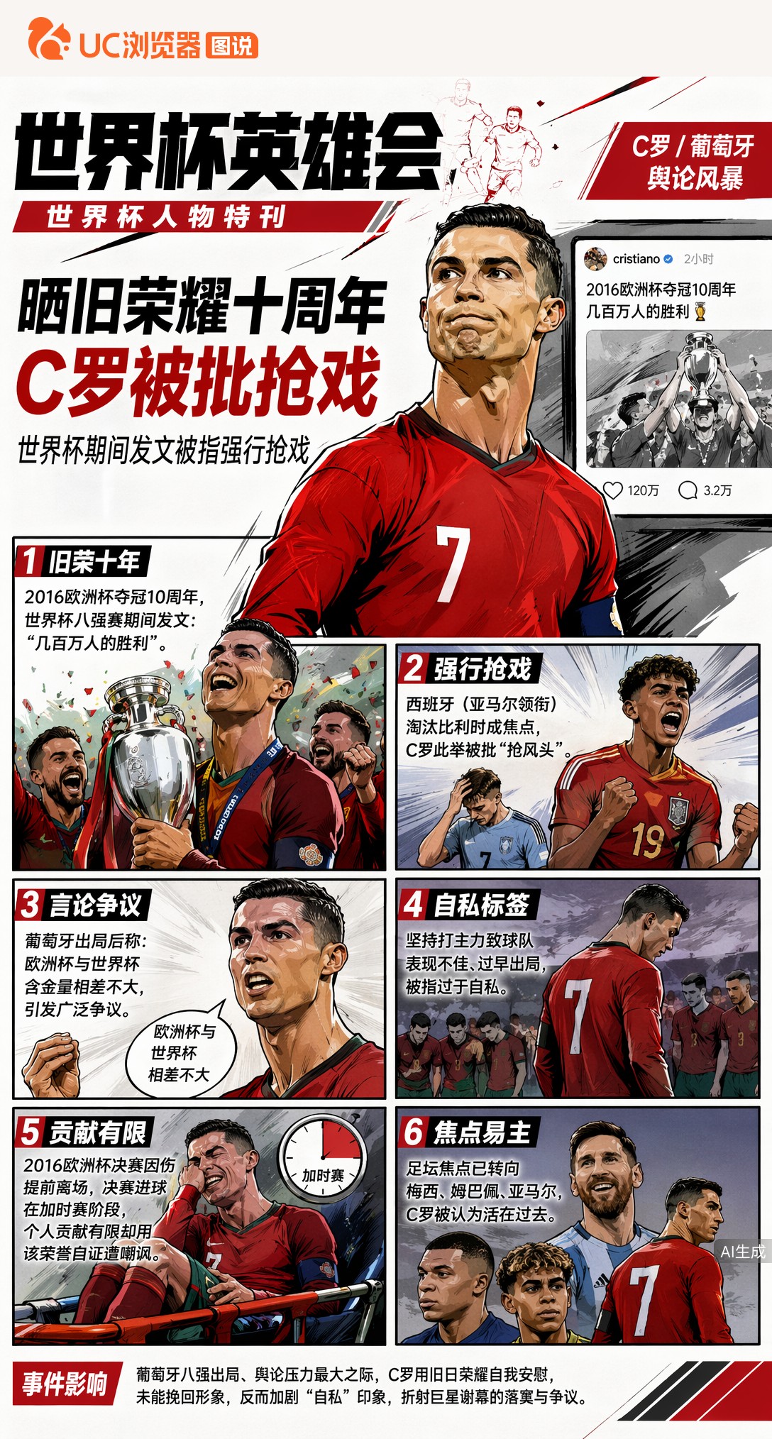 葡萄牙出局后C罗晒欧洲杯冠军十周年，被批抢戏还活在过去