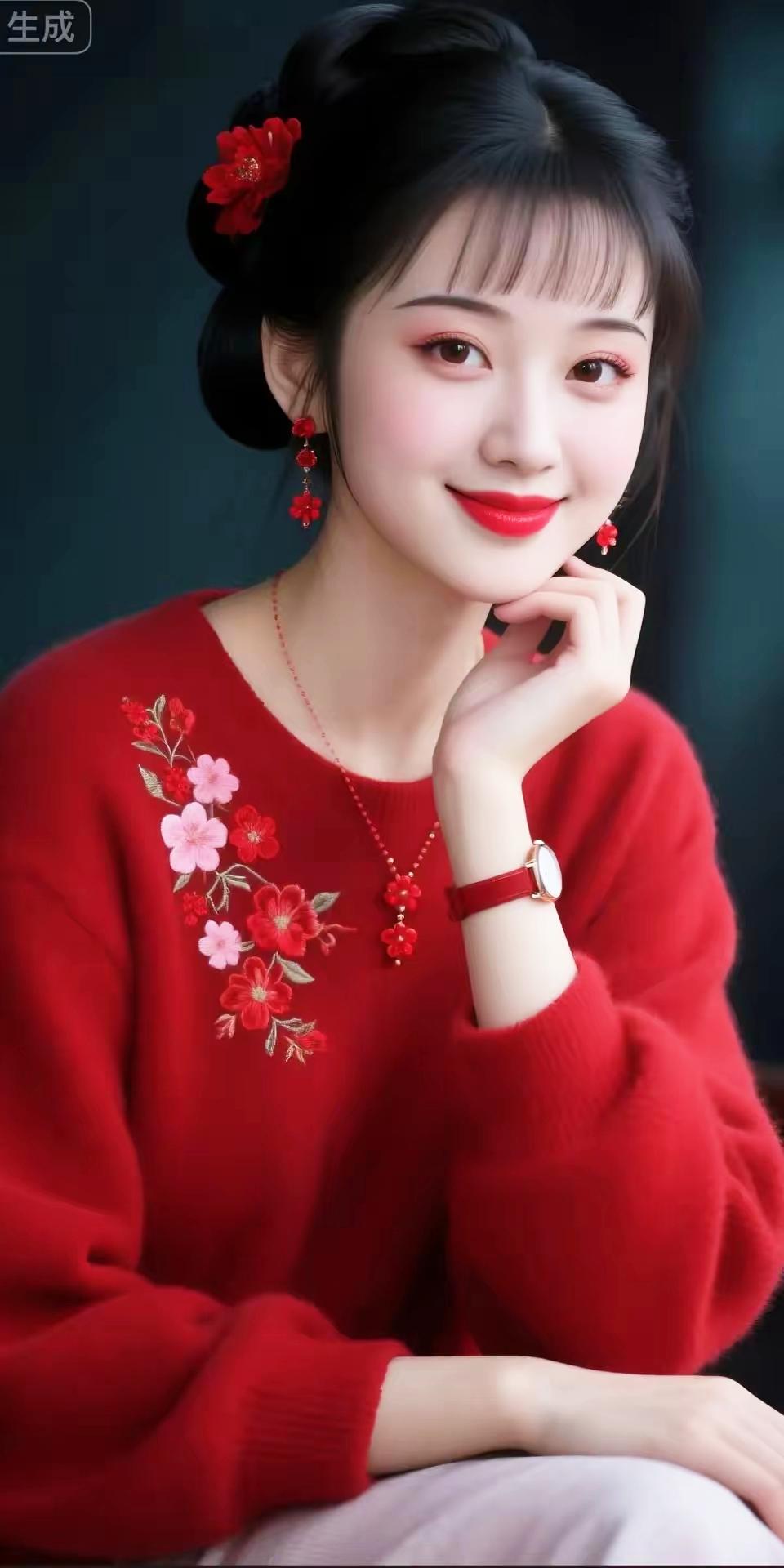 红衣少女，笑靥如花，古风韵味十足