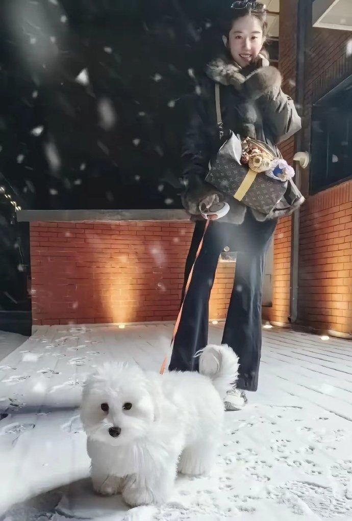 刘亦菲雪夜遛狗，模样清纯甜美似18岁女学生，冻龄状态尽显，穿搭更衬得她高挑纤瘦。