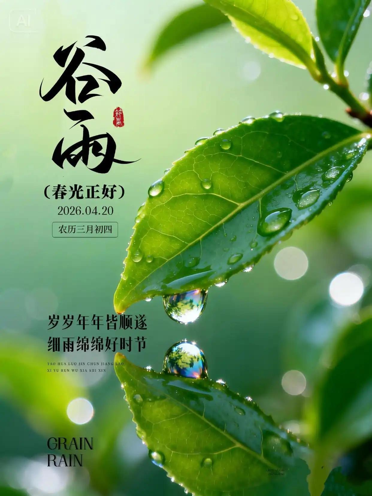 谷雨送喜，春雨送福。时节流转，春意渐深，万物生机勃勃。愿细雨为你带来好运，清风为