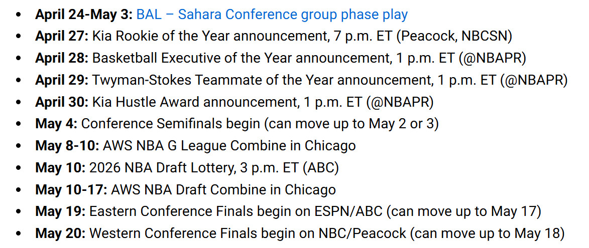 根据官方的时间安排，分区半决赛最早将从北京时间5月3日或者4日开打。如果湖人与火