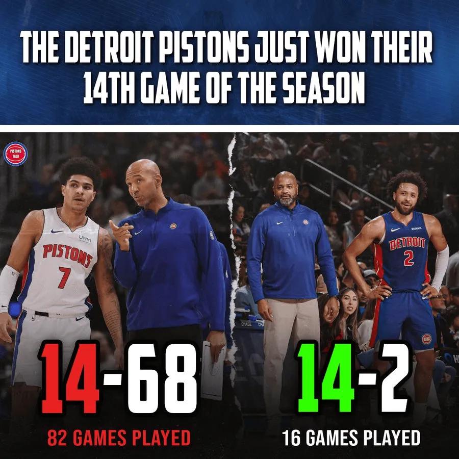 活塞今天战胜雄鹿豪取12连胜，战绩来到了14胜2负，2年前活塞老板跪求蒙蒂给他1