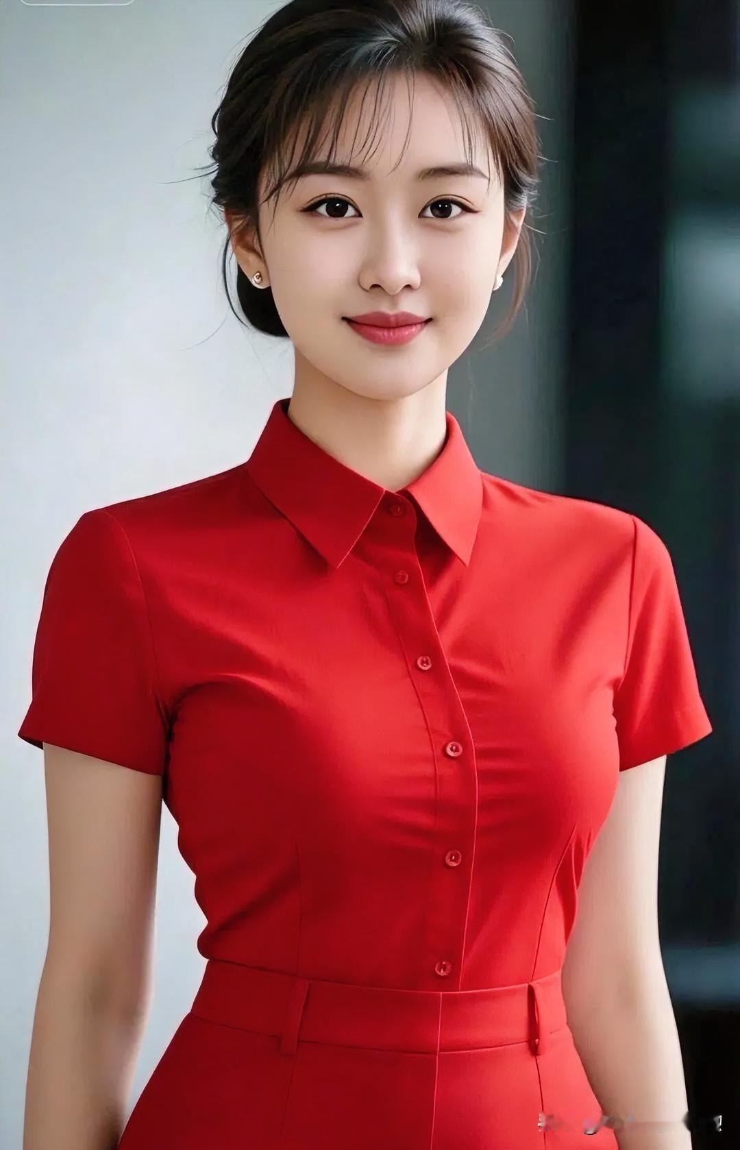 一袭红衣，明艳而端庄。青丝挽起，眉眼盈盈，浅笑间透着温婉与从容。于简约中绽放优雅