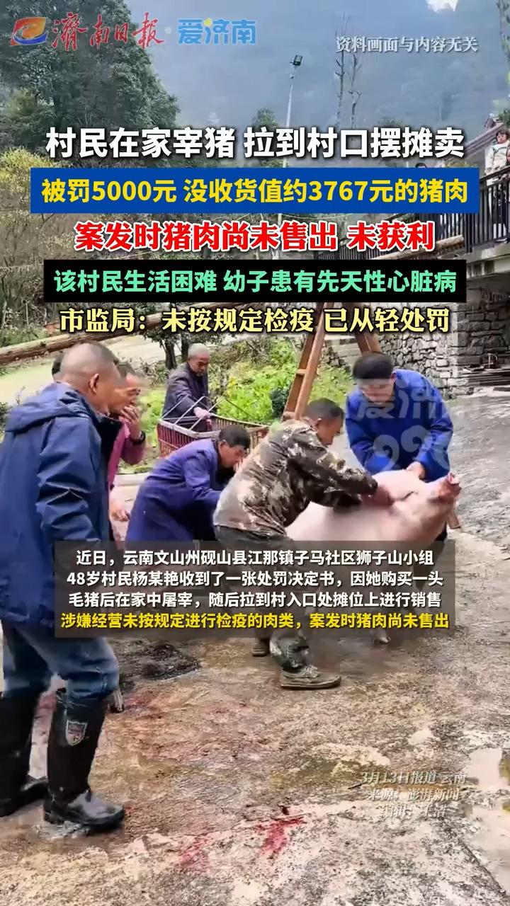 文盲农妇私宰生猪，一块肉没卖被罚5000元，幼子先天心脏病，丈夫体弱多病。市监部
