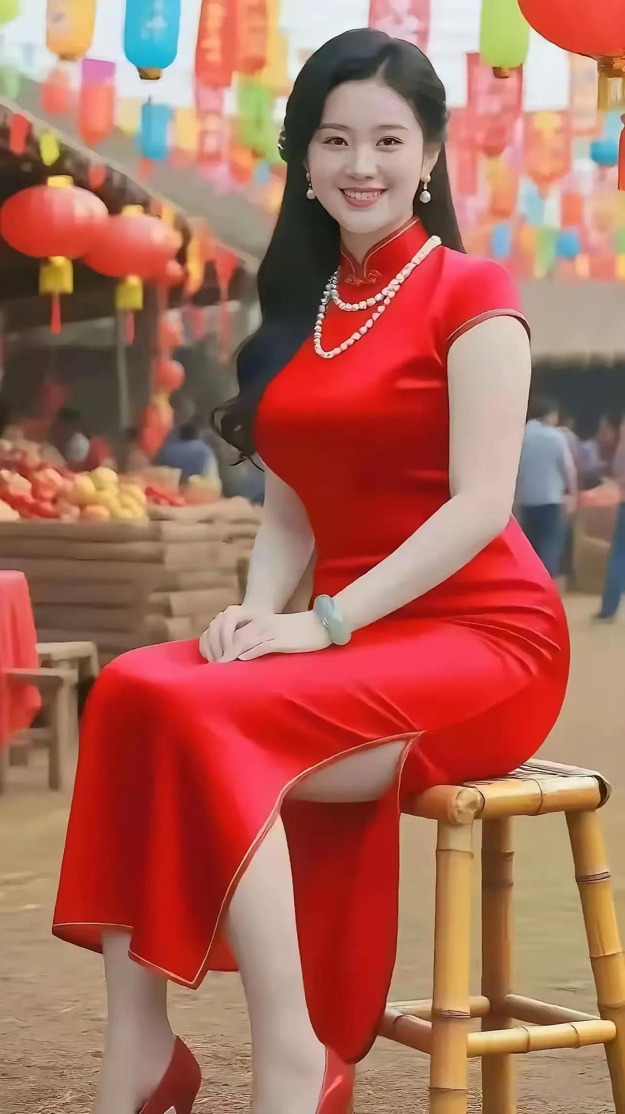 赞红装佳人红妆妩媚腿修长，杏眼蛾眉樱口芳。浅笑盈盈添雅韵，轻姿袅袅溢柔香