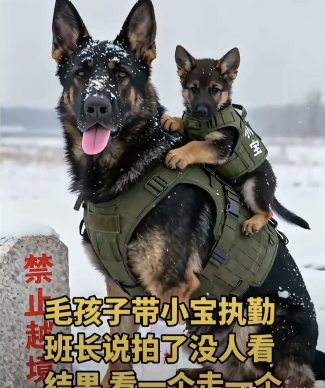 最近网上有人拍到边防线上奇怪的一幕:一条前腿缠着绷带的母狗,背着只小狗在雪地里巡