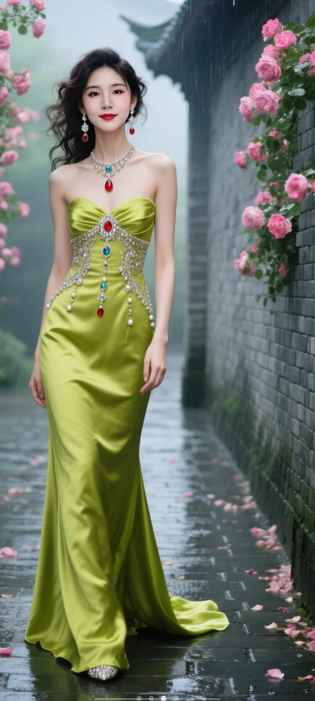 雨中漫步，绿裙红唇，尽显东方古典美。