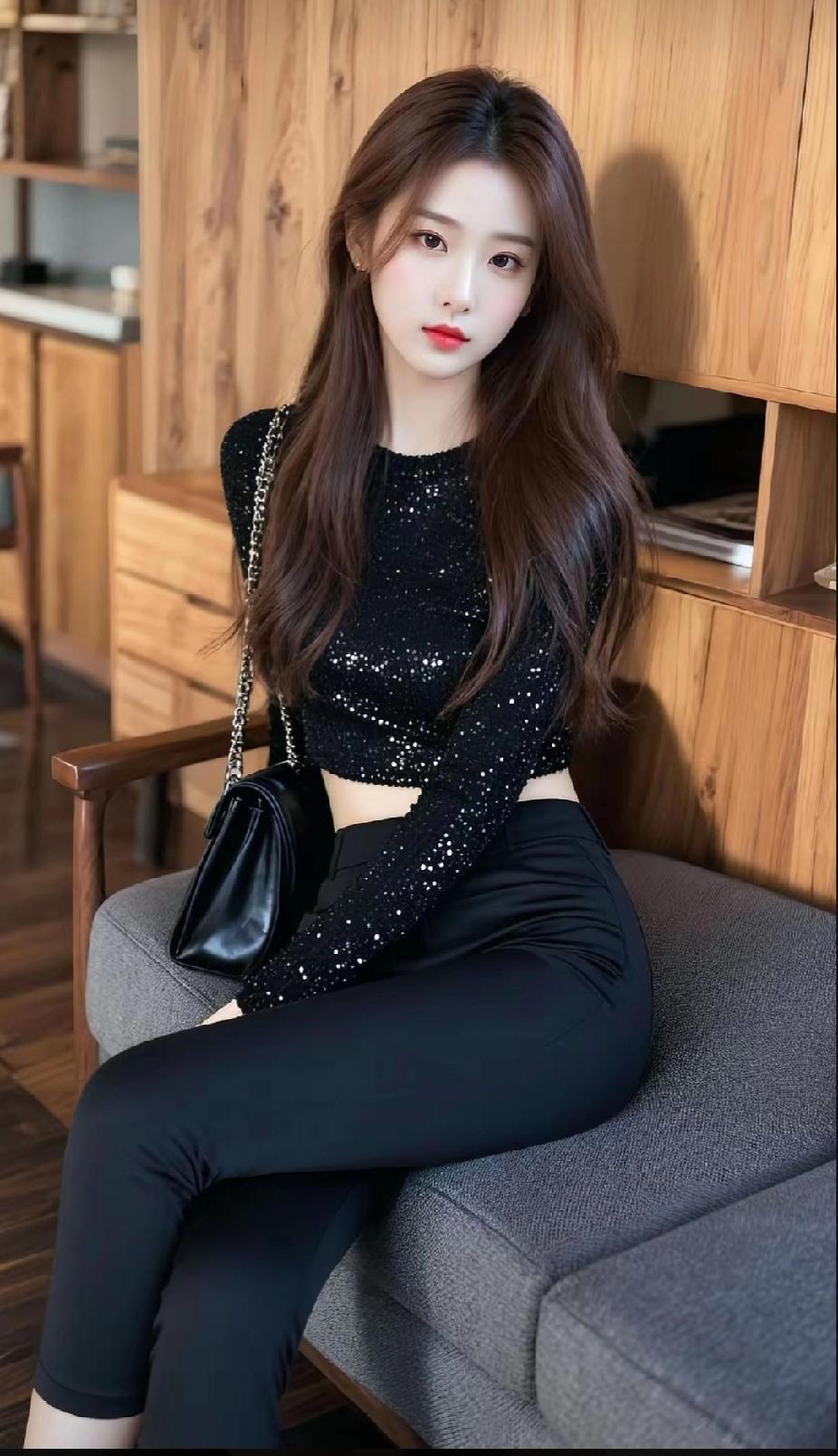 黑色闪亮上衣搭配紧身裤，简约又时尚，完美展现身材曲线！性感紧身裤穿搭