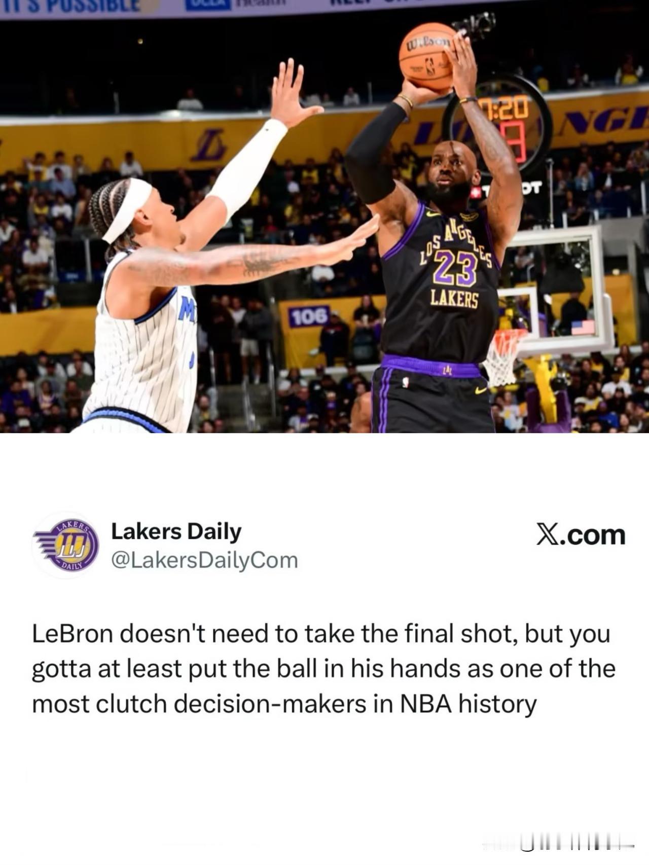 《湖人日报》：胜负球，勒布朗不一定要投绝杀球，但你至少得把球交到他手里，因为詹姆