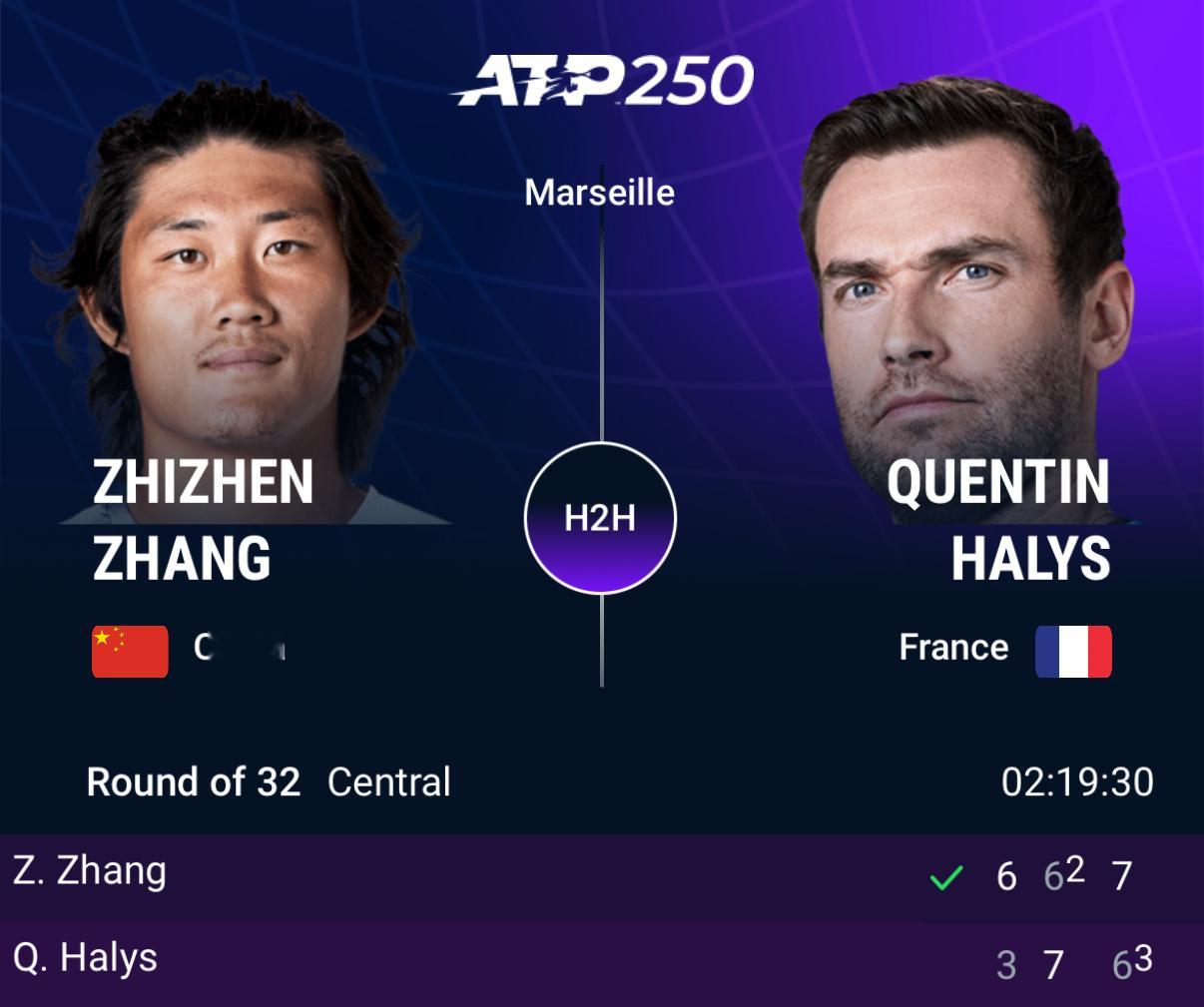 ATP250马赛站：张之臻以6-3/6-7（2）/7-6（3）击败本土球员阿里斯