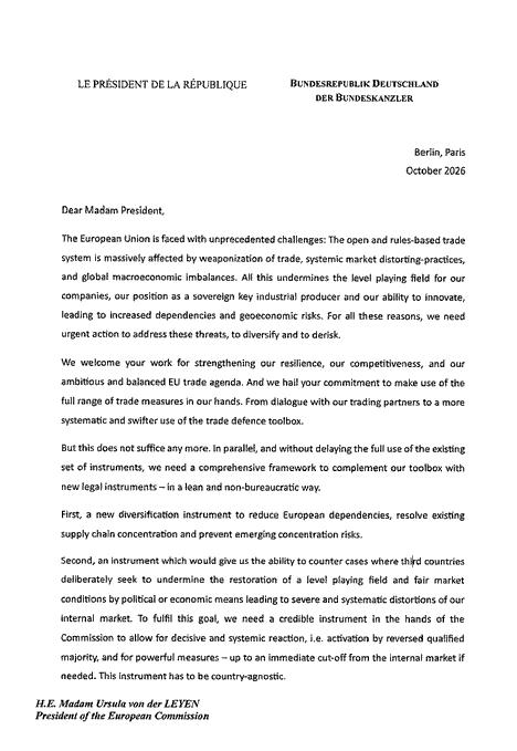 马克龙和默茨联名致信冯德莱恩，敦促欧盟设置“紧急切断开关”，拥有一个能使欧盟在数