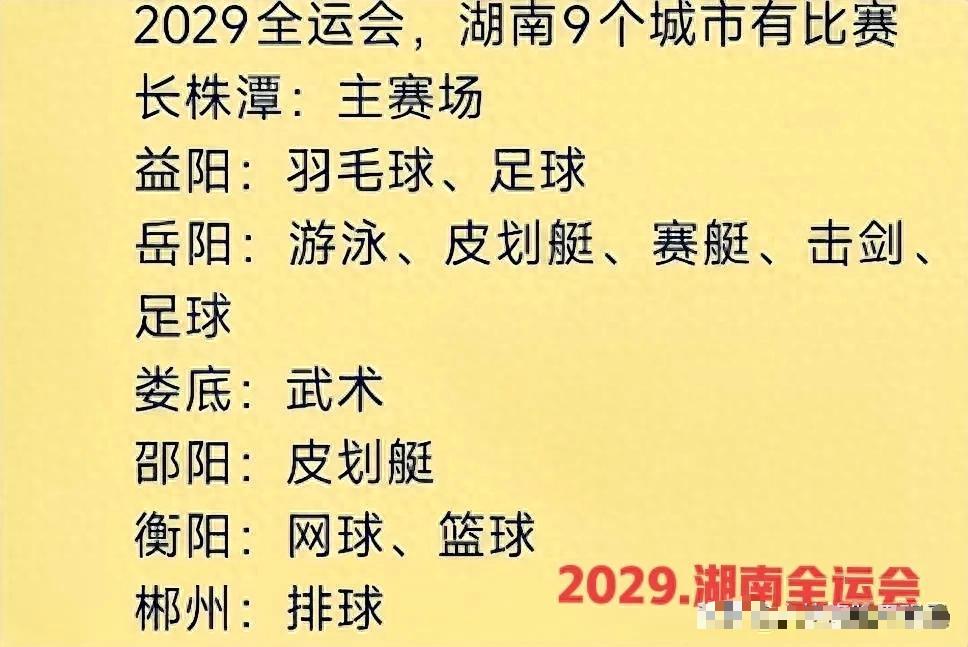2029年，第十六届全运会，确定在湖南举行了。全省十四个地州市，九个城市均有比赛