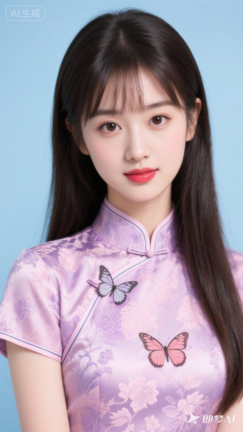 温柔少女风，紫色旗袍搭配精致蝴蝶刺绣，甜美可人！💖✨