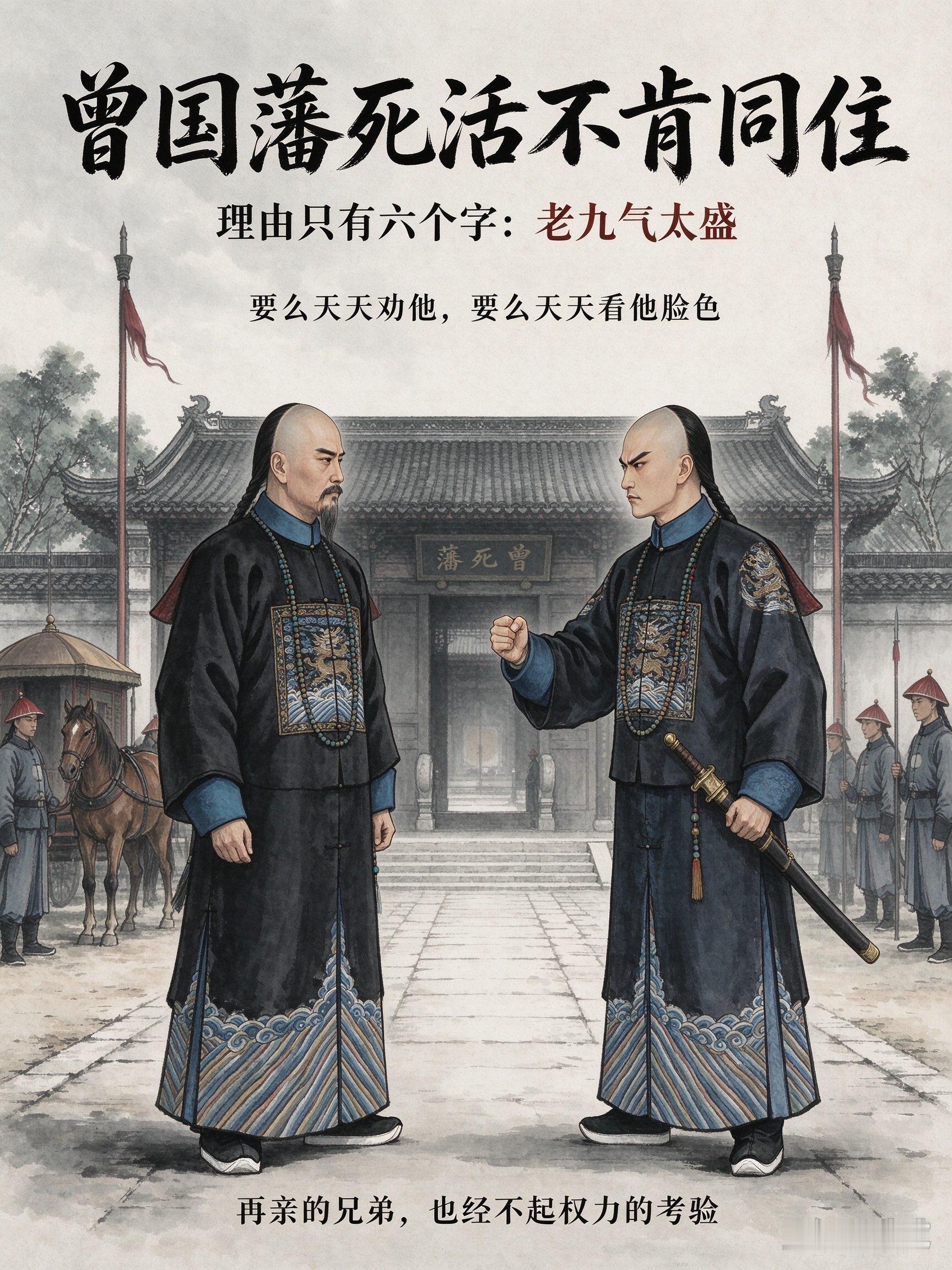 曾国藩死活不肯跟弟弟同住，理由只有六个字：老九气太盛。野史笔记《水窗春呓》记了一桩小事：曾国荃打下天
