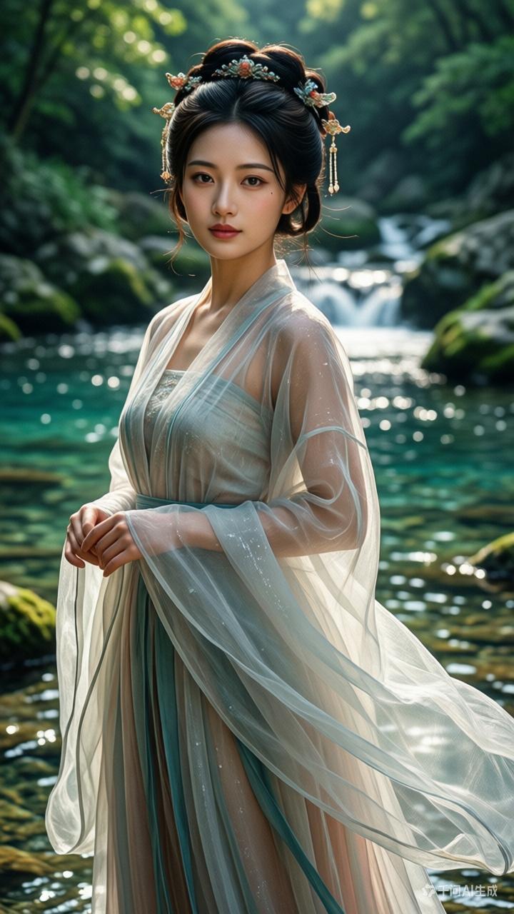 仙气飘飘的汉服少女，置身于梦幻的森林溪边，宛如画中仙子。