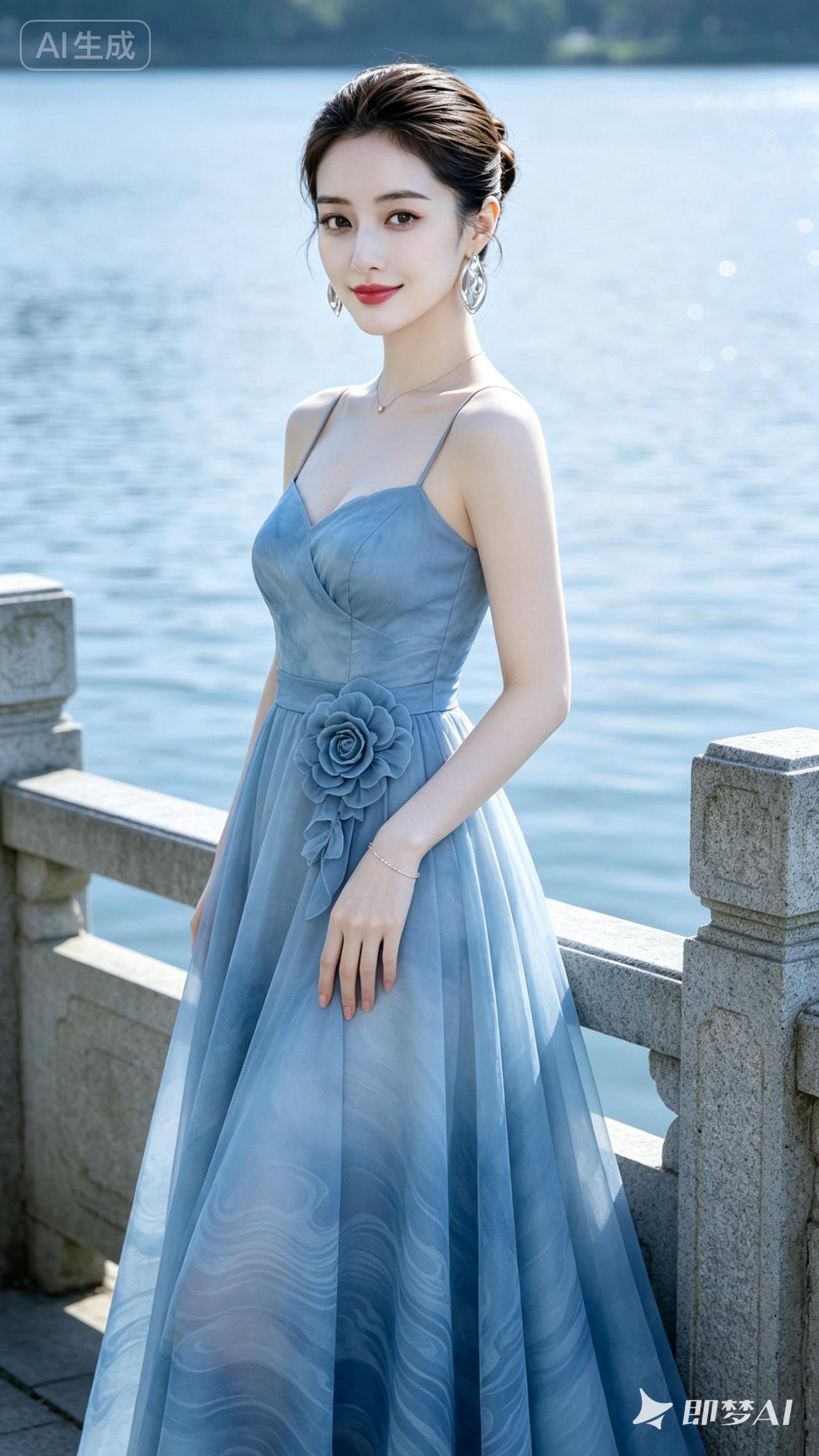 湖畔仙子，蓝裙飘逸，宛如梦境