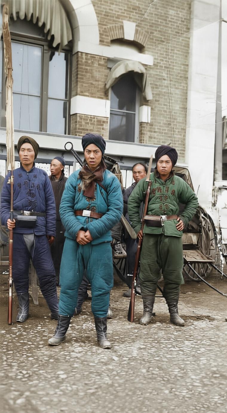 这张老照片拍摄于1900年的天津城区，定格了义和团运动高潮时期的普通团民。三