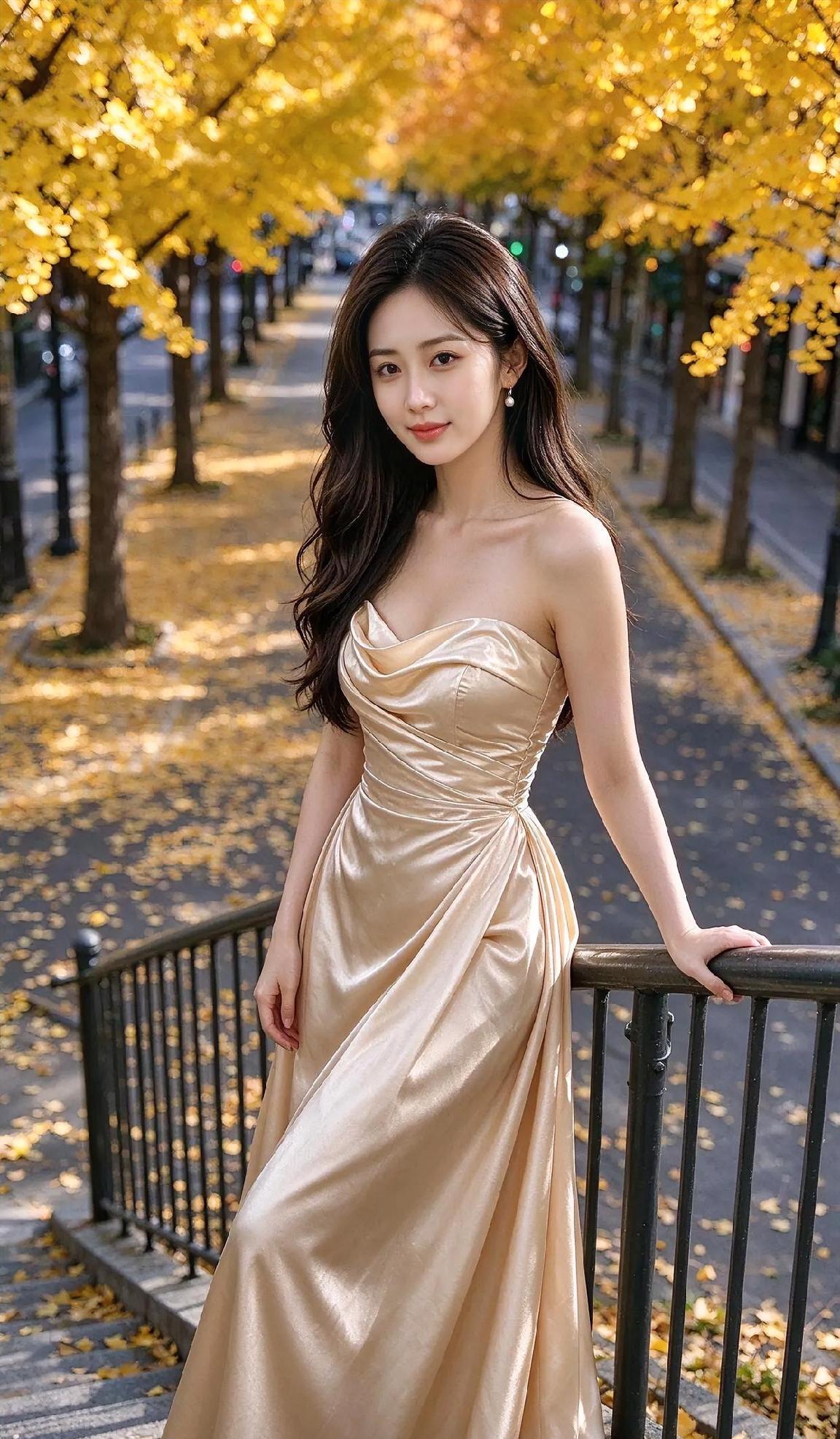 银杏巷的金色回响银杏铺成金色的穹顶，你倚着栏杆，披一身秋光。香槟色长