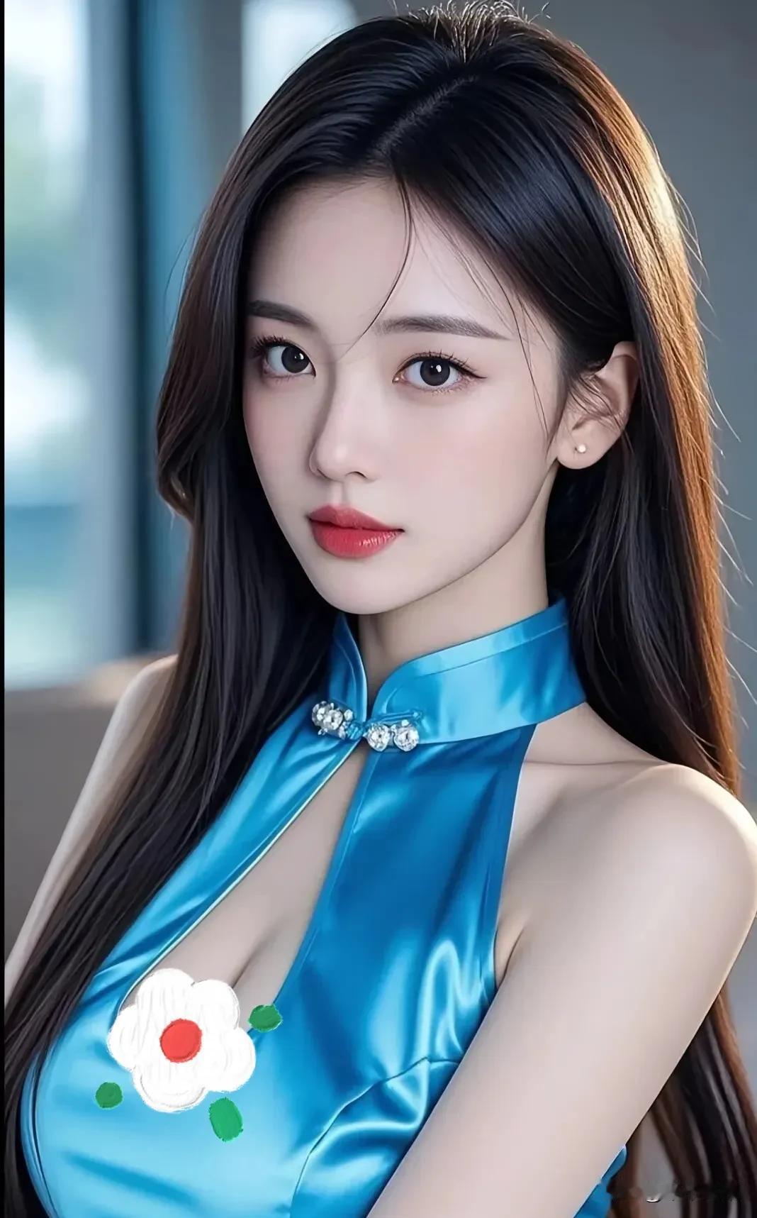 宝蓝裁锦裙，红唇点娇容，一眼惊鸿藏东方淡雅蓝裙照贵气白礼裙美女清蓝长裙