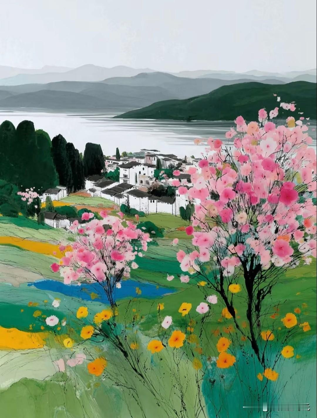 春色染水墨，田园诗意浓，画卷藏生机。流星的数字艺术治愈系插画分享颜色诗意美