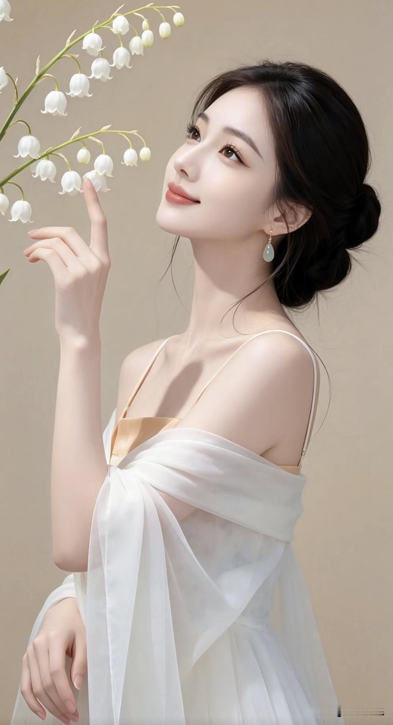 优雅白裙少女，轻触花语，唯美瞬间定格湖边白裙少女温柔气质小白裙温柔花裙少女