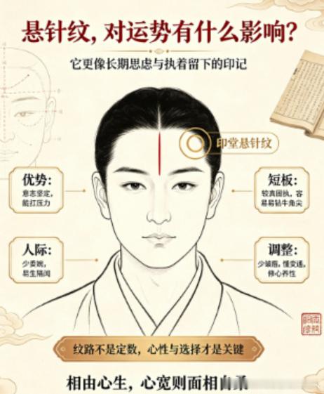 悬针纹面相国学命宫印堂，为人的命宫。眉心一道垂直向下的竖纹，传统面相称之为悬