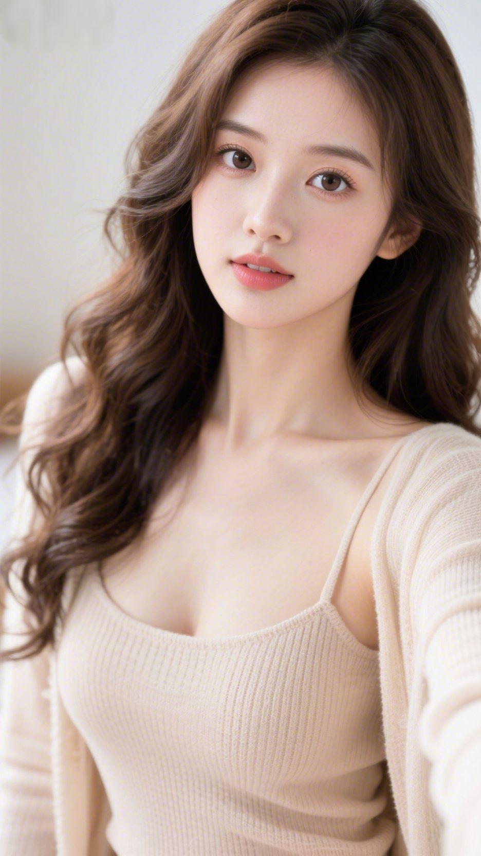 晨光是温柔的信笺晨光轻叩窗棂，米色针织开衫裹着一身温润的暖意，卷发如舒展的