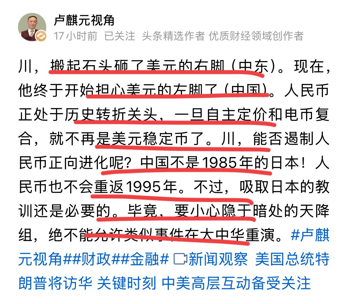 著名经济学家卢麒元的警示！！人民币处于历史最紧要的关口了。是时候让人民币成为