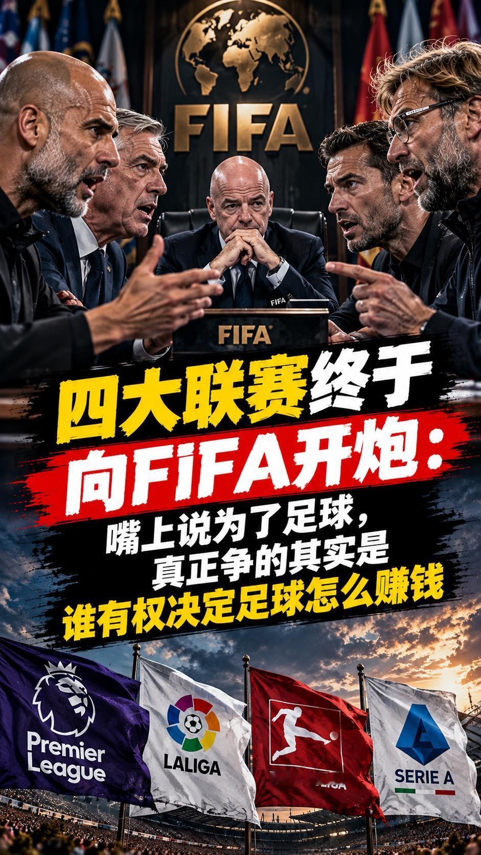 欧洲足球这次真要和FIFA掰手腕了。英超、西甲、德甲、意甲，四个平时在转播、