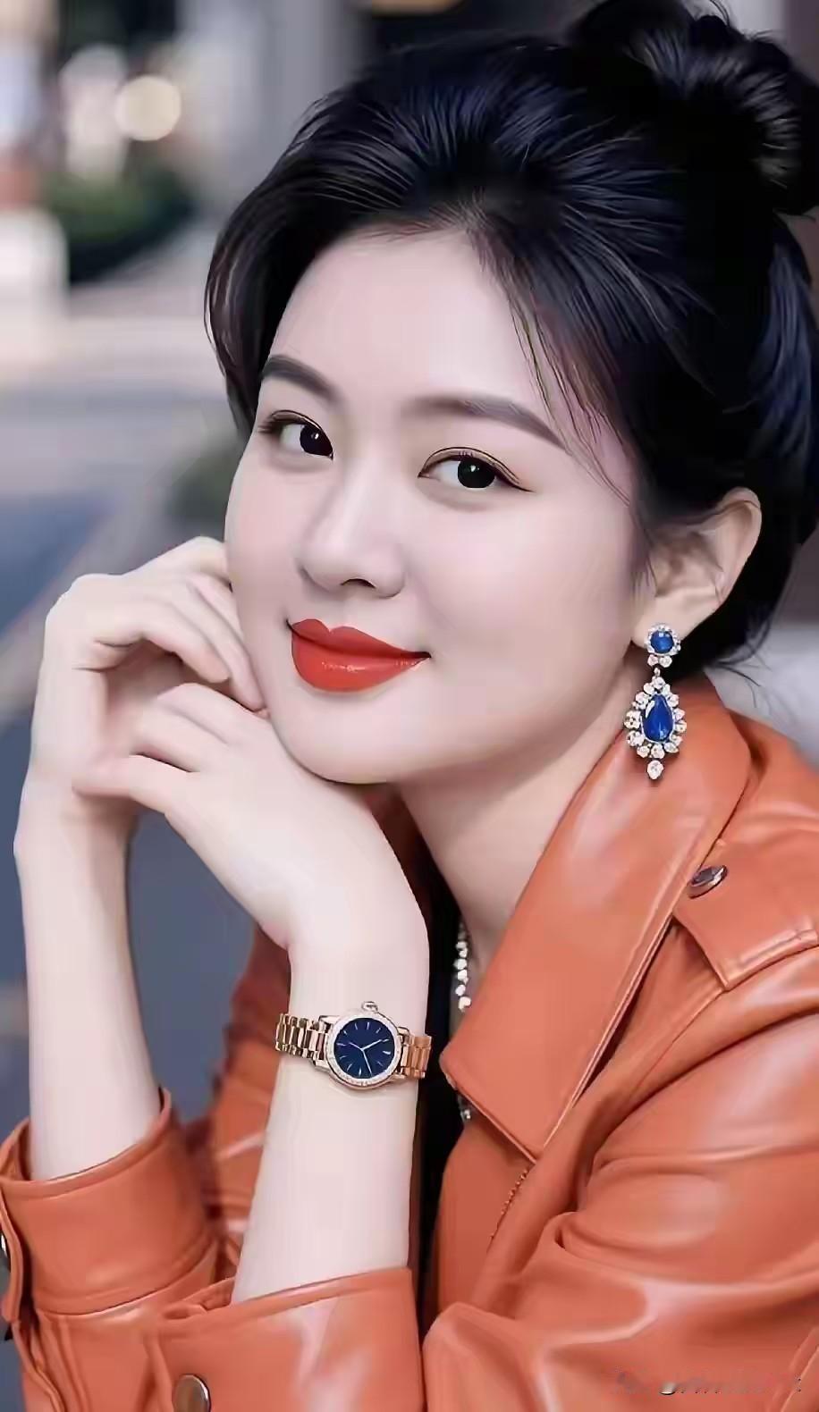 踏莎行·橙衣高髻堆云，橙衣映日，蓝钻坠耳添清致。腕间金表衬明眸，唇间一点朱