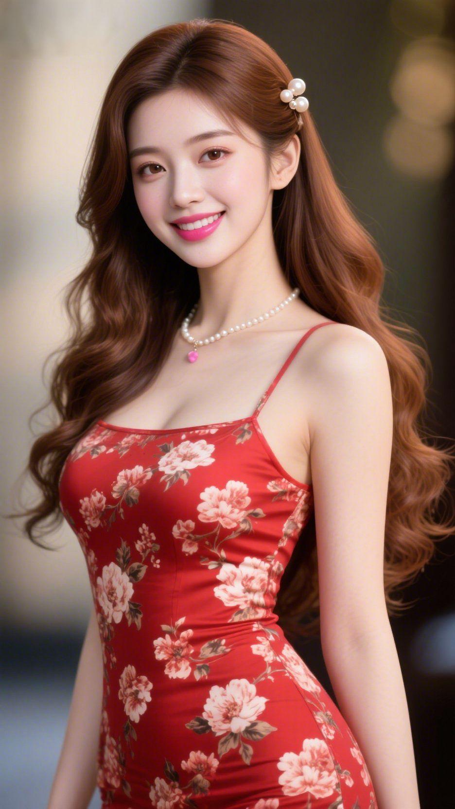 红裙伴柔光暖调光影里漫着轻息，她立在其中笑时，像把晴色织进了红裙花簇中。